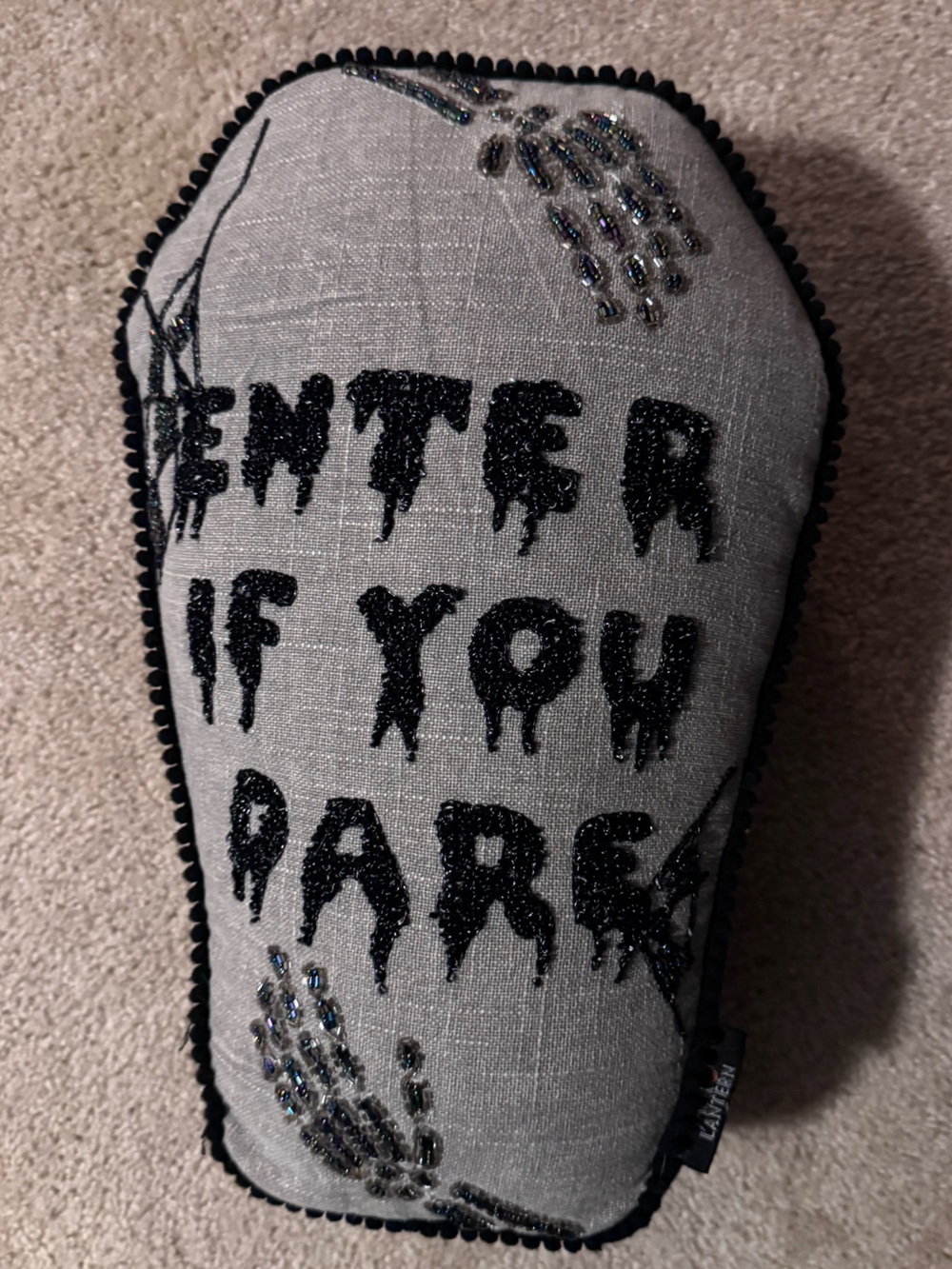 Bejeweled Gray Coffin Shaped Pillow with 'Enter If You Dare' Glitter Text ⚰️